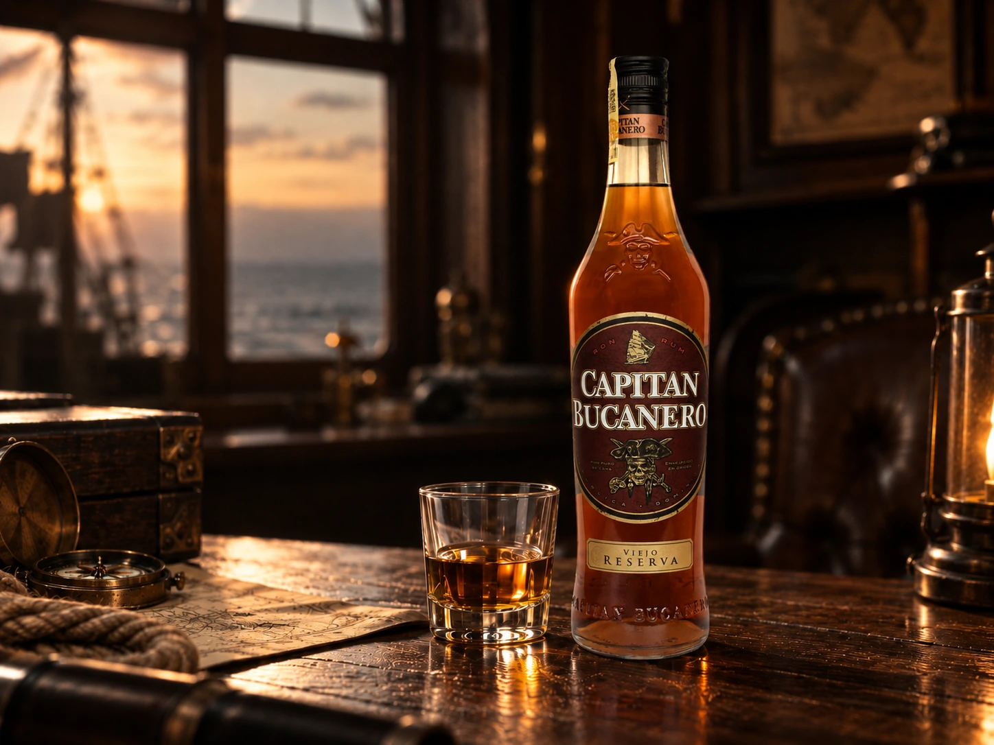 Celá lahev Capitan Bucanero Reserva se samostatně podávaným rumem v kapitánské kajutě
